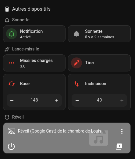 Capture d'écran de Home Assistant avec deux tuiles pour contrôler les axes